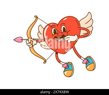 Dessin animé groovy amour chérub Cupid Heart personnage de tir flèche avec arc. Rétro amour Angel vecteur personnage chasse les coeurs solitaires. Émoticône psychédélique hippie de l'amour romantique ou des vacances de la Saint-Valentin Illustration de Vecteur