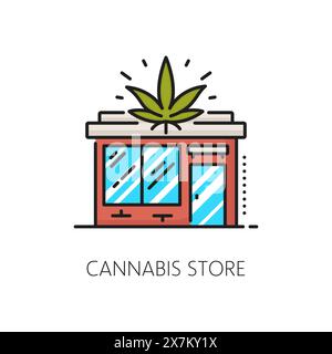 Icône de ligne mince de couleur de magasin de cannabis médical. Pictogramme linéaire de plante de mauvaises herbes naturelles, produit CBD de médecine ou icône vectorielle de ligne mince de magasin de cannabis médical ou symbole avec bâtiment de magasin et feuille de marijuana Illustration de Vecteur