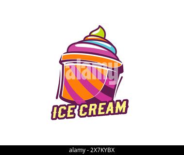 Icône de crème glacée pour le dessert gelato, signe ou menu gelateria, emblème vectoriel. Boule de crème glacée douce sundae dans un gobelet en papier rayé avec des lettres de texte signe pour le symbole de gelato italien ou de glace Illustration de Vecteur