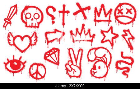Peinture en aérosol rouge graffiti, élément grunge. Ensemble vectoriel d'icônes de style Street art et de symboles rebelles. Crâne, croix, couronne, signe de paix, et coeur avec ailes, épée, étoile, lapin ou diamant, oeil, flash Illustration de Vecteur