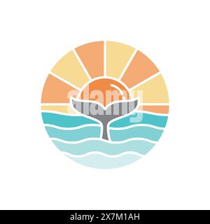 Coucher de soleil avec la combinaison de queue de baleine, la queue de baleine est représentée au milieu de la mer avec le soleil en arrière-plan. Illustration de Vecteur
