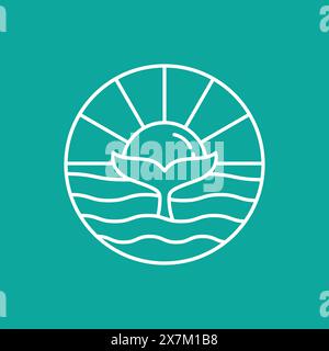 Coucher de soleil ligne art avec la combinaison de queue de baleine, la queue de baleine est montrée au milieu de la mer avec le soleil en arrière-plan. Illustration de Vecteur