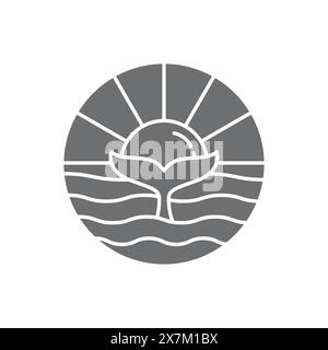 Silhouette d'un coucher de soleil avec une combinaison de queue de baleine. La queue de la baleine est représentée au milieu de la mer avec le soleil en arrière-plan. Illustration de Vecteur