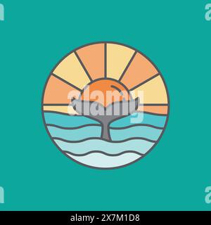 Coucher de soleil avec la combinaison de queue de baleine, la queue de baleine est représentée au milieu de la mer avec le soleil en arrière-plan. Illustration de Vecteur