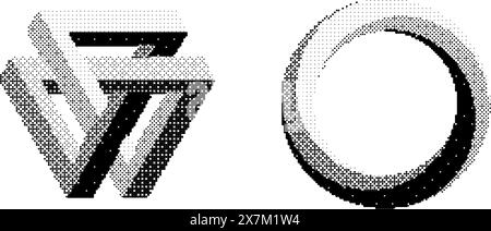 Bitmap formes impossibles définies. Collection d'objets irréels tramés. Triangle texturé noir, cercle, éléments carrés pour bannière, affiche, dépliant. Faisceau d'effets de trame 3D pixelisés. Pack vectoriel Illustration de Vecteur