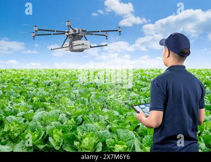 Concept de technologie agricole avec drone de contrôle d'ingénieur agricole voler au-dessus Banque D'Images