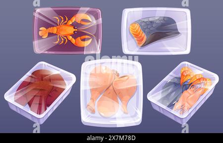 Fruits de mer congelés et viande dans un emballage en plastique avec pellicule de polyéthylène. Ensemble de vecteur de dessin animé de produits alimentaires crus froids dans un récipient de plateau avec paquet transparent. Emballage pour réfrigérateur de supermarché d'épicerie. Illustration de Vecteur