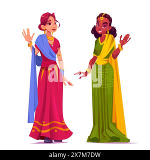 Jeune femme dans le saree indien traditionnel debout et agitant la main. Ensemble de vecteur de dessin animé de personnage féminin souriant de dame portant des vêtements et accessoires ethniques asiatiques rouges et bleus, verts et jaunes. Illustration de Vecteur