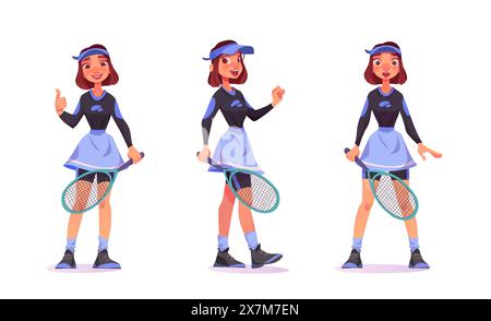 Personnage de joueur de tennis. Ensemble d'illustration vectorielle de dessin animé de jeune femme en vêtements de sport avec raquette debout surpris, heureux sourire et montrant le geste de la main pouces vers le haut. Femme adulte faisant du sport. Illustration de Vecteur