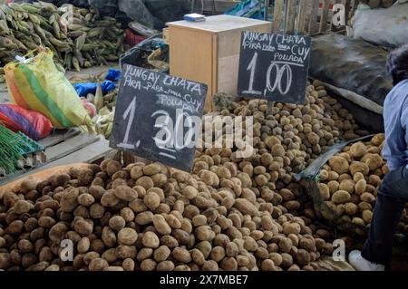 Chimbote, Pérou - 18 avril 2024 : différents types de pommes de terre à vendre sur le marché public Mercado dos de Mayo (marché du 2 mai) Banque D'Images