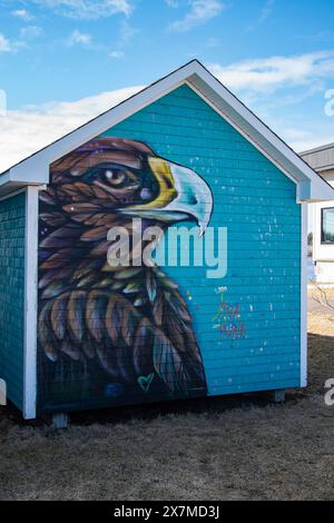 Murale d'un faucon à Shediac, Nouveau-Brunswick, Canada Banque D'Images