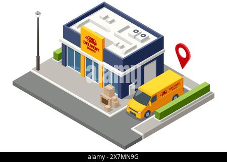 Infographie de logistique et de livraison isométrique. Livraison à domicile et au bureau. Logistique urbaine. En ligne Express, gratuit, livraison rapide, bannière de site Web d'expédition Illustration de Vecteur