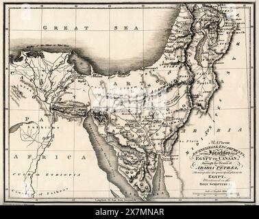 Carte du XIXe siècle montrant les voyages et les campements des Israélites de l'Egypte à Canaan, à travers le désert d'Arabia Petraea. Montrant également les principaux lieux en Egypte mentionnés dans les Saintes Écritures. Publié pour la Society for Promoting Christian Knowledge par Messrs. Rivington's, préparé Paul's Church Yard, Londres, juillet 1814. Banque D'Images