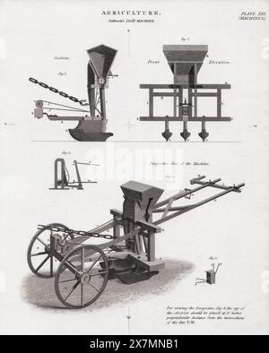 Impression du XIXe siècle de la machine à percer Salmon. Un semoir est un dispositif utilisé en agriculture pour semer des semences pour les cultures, les positionner dans le sol et les enterrer à une profondeur spécifique. Tiré du Cyclopædia : Or, Dictionnaire universel des arts, des sciences et de la littérature, par Abraham Rees. Banque D'Images