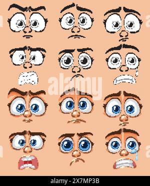 Différentes émotions montrées à travers des visages de dessins animés Illustration de Vecteur