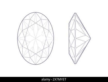 Vue sur le dessus et les côtés en pierres précieuses de taille ovale. Icône de contour avec contour modifiable. Illustration vectorielle Illustration de Vecteur