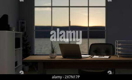 Une salle de bureau privée moderne au coucher du soleil, un ordinateur portable et des fournitures de bureau sur une table près de la fenêtre avec vue sur la nature. bureau sombre. rendu 3d, 3 Banque D'Images