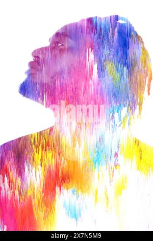Un portrait coloré de profil double exposition fusionné avec une texture 3D glitch Banque D'Images