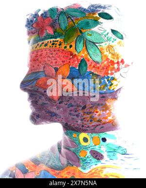 Une peinture de silhouette vibrante représentant le profil d'un homme. Banque D'Images