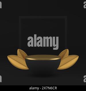 piédestal de podium hémisphère noir 3d avec des feuilles d'or et un fond de mur de cadre illustration vectorielle réaliste. Publicité de salle d'exposition géométrique mode sombre Illustration de Vecteur