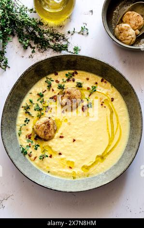 Soupe à la citrouille avec Saint-Jacques poêlées servie avec thym et piment Banque D'Images