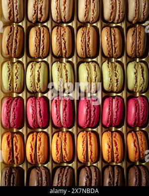 Rangées de macarons colorés dans un emballage Banque D'Images