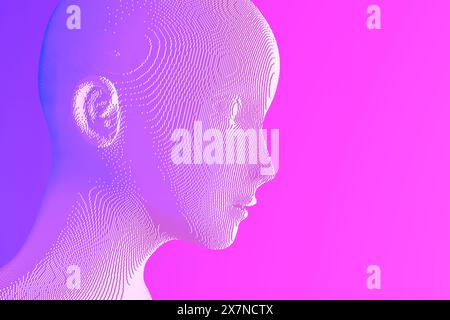 AI (intelligence artificielle) tête de fille faite de cubes, éclairage à la mode violet, image de rendu 3D bleue Banque D'Images