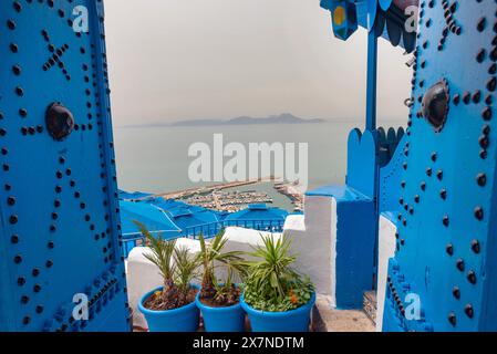 Vue imprenable sur le golfe de Tunis et la Méditerranée depuis la magnifique ville de Sidi Bou Saïd, située en haut d'une falaise, connue pour ses rues pavées et son bleu an Banque D'Images