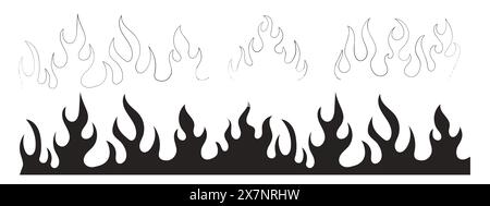 Flame NEO tribal tatouage y2k ligne d'impression chaude et silhouette collection d'ornements rétro. Eléments de conception de set de feu isolés sur blanc. Illustration vectorielle Illustration de Vecteur