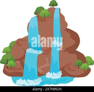 Illustration vectorielle vibrante d'une double cascade avec des arbres sur une formation rocheuse Illustration de Vecteur