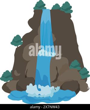 Illustration numérique d'une cascade sereine descendant des rochers avec une végétation luxuriante Illustration de Vecteur