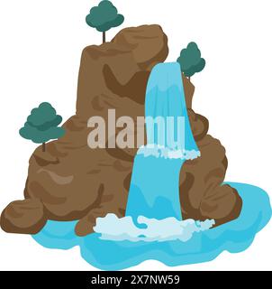 Illustration vectorielle vibrante d'une cascade avec des arbres sur une montagne Illustration de Vecteur