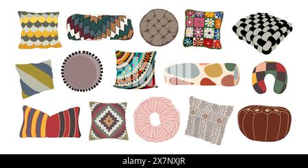 Ensemble de lit, canapé, sol, jetez des oreillers faits à la main. Illustration de Vecteur