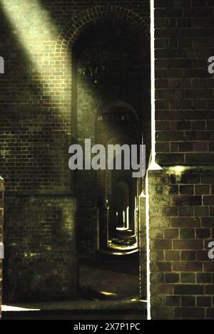 Des rayons de soleil mettent en valeur la maçonnerie sous le viaduc d'Arnos Park à Arnos Park, Londres, Royaume-Uni Banque D'Images