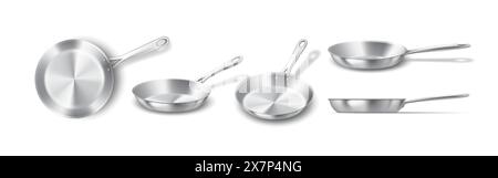 Poêles à frire de l'ensemble d'illustration vectorielle réaliste en acier brillant. Poêles à frire en acier. Ustensiles de cuisine modernes objets 3D sur fond blanc Illustration de Vecteur
