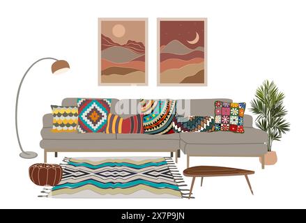 Intérieur éclectique du salon de style bohémien isolé Illustration de Vecteur