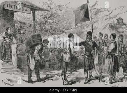 La question orientale. Guerres serbo-ottomanes (1876-1878). La Serbie déclara la guerre à l'Empire ottoman le 30 juin 1876. Serbie. Organisation de groupes insurgés. Dessin de P. Kauffmann. Gravure de Smeeton Tilly. 'La Guerra de Oriente' (la guerre russo-turque). Volume III. 1878. Auteur : Smeeton Tilly (1840-1898). Imprimeur français. Banque D'Images