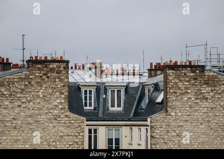 Gros plan sur les toits parisiens et les mansardes avec cheminées Banque D'Images