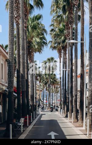 Juan-les-Pins, France - 20 mai 2023 : Rue avec palmiers à Juan les Pins, Côte d'Azur Banque D'Images