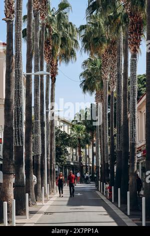 Juan-les-Pins, France - 20 mai 2023 : Rue avec palmiers à Juan les Pins, Côte d'Azur Banque D'Images