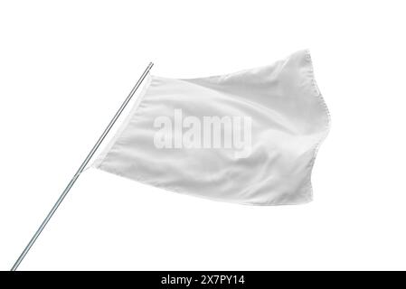 Un drapeau blanc scintille dans le vent avec une texture propre, parfait pour l'état ou la maquette de drapeau publicitaire, isoalté sur blanc Banque D'Images
