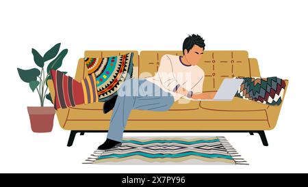 Un homme est assis sur un canapé avec un ordinateur portable Illustration de Vecteur