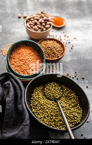 Une sélection de légumineuses biologiques comprenant des haricots mungo, des lentilles et des haricots mélangés, artistiquement exposés dans des bols rustiques sur une surface grise texturée, acco Banque D'Images