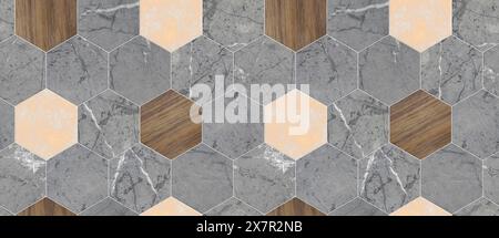 Cette image présente un motif géométrique sans couture de carreaux hexagonaux avec des textures de marbre et de bois adaptées aux revêtements de sol ou aux murs modernes. Banque D'Images