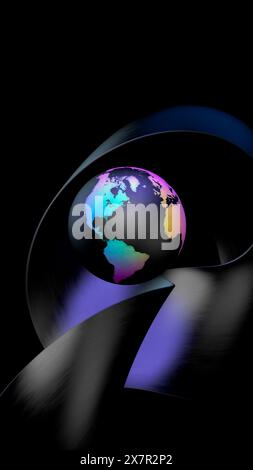 Cette image présente un design stylisé GeoModule avec une représentation abstraite de la Terre dans des couleurs vives et vives sur un fond sombre, creati Banque D'Images