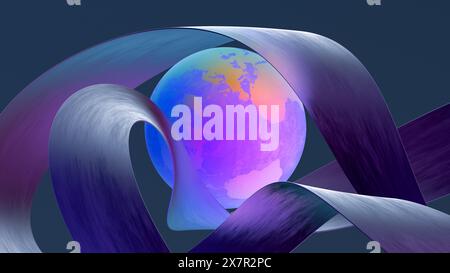 Cette image présente une illustration abstraite de la Terre, enveloppée de formes dynamiques et fluides aux couleurs vives, représentant le GeoModu innovant Banque D'Images