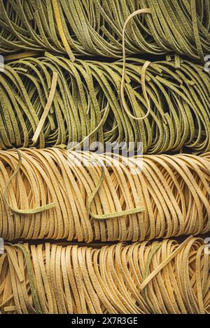 Gros plan de pâtes italiennes maison infusées d'herbes, soigneusement alignées et présentant des ingrédients frais. Banque D'Images