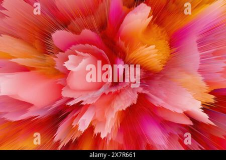 Une image abstraite vibrante évoquant une fleur dans une explosion dynamique de teintes roses, oranges et rouges avec des effets d’extrusion numérique. Banque D'Images