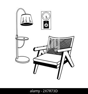 Illustration vectorielle. Intérieur vintage avec fauteuil, lampadaire et horloge. Design de salle dessiné à la main en vecteur en noir sur un fond blanc. Illustration de Vecteur