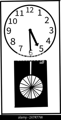 Horloge murale avec gâche et pendule, avec cadran. Illustration vectorielle. Horloge dessinée en vecteur en noir, contour noir sur fond blanc. Pour la conception. Illustration de Vecteur